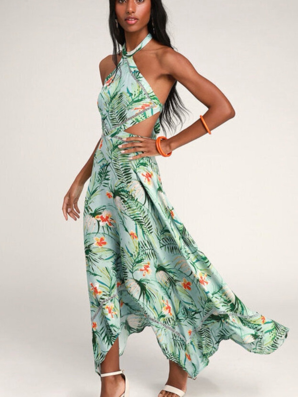 Lulus St Tropez Mint Blue Leaf Halter Dress small beachy romantic